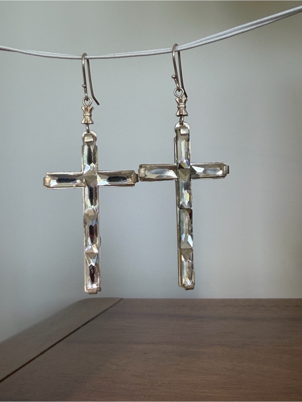 Virgins Saints & Angels Crystal Cross Drop Earrings in Clear and Gold